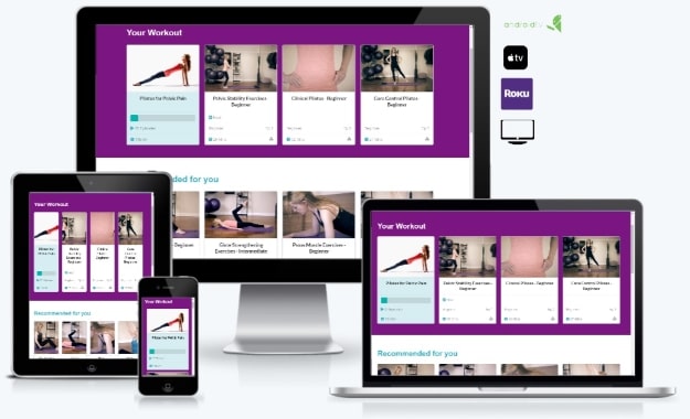 The Your Pilates Physio platform on desktop, tablet and mobile, showing a personalised workout and recommended classes